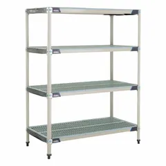 This stationary shelving unit features a 304 stainless steel frame and shelves with antimicrobial resistance properties. It includes 5 shelves and has an overall height of 74 in. Suitable for harsh environments requiring antimicrobial protection, such as cleanrooms and sanitation-critical areas.