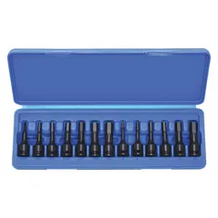 This 13-piece hex impact bit socket set features a 3/8 in drive size and fixed insert hex tip design. It is intended for driving hex fasteners with impact drivers in industrial applications such as maintenance, assembly, and repair tasks.