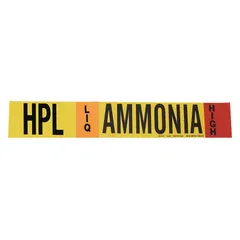 Ammonia adhesive pipe marker for LIQ phase, High pressure level. Fits 8 in and larger pipe O.D. without arrows. IIAR System Abbreviation HPL. Includes 1 pipe marker.