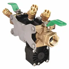Reduced pressure zone backflow preventer with glass-filled nylon body and female NPT connections. Standard configuration with ball valve shut-off. Used in commercial, industrial, and irrigation systems to protect potable water from cross-connection contamination.