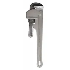 This 12-inch straight pipe wrench features serrated jaws and an I-Beam aluminum handle for gripping and turning pipes or fittings. With a 2-inch jaw capacity, it is suited for plumbing, maintenance, and industrial tasks requiring secure hold on round stock.