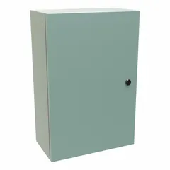 This steel washdown enclosure measures 24 x 16 x 8 inches and features a solid hinged cover secured by a 1/4-turn latch. Rated NEMA 12, 3R, and 4, it protects electrical components from dust, rain, and hose-directed water in indoor or outdoor industrial environments. Knockouts are not included.