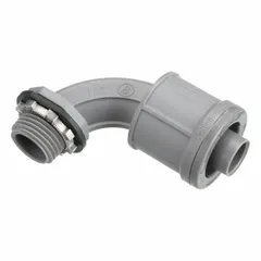 This plastic liquid-tight conduit fitting has a 90° angle and a 1/2 in trade size with a 1/2" MNPT connection. It is non-insulated and made of gray nylon. Used to connect nonmetallic conduit to boxes and enclosures, it is suitable for routing cables in tight spaces.