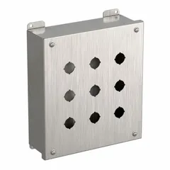 This HAMMOND enclosure is constructed from 316 stainless steel and designed to house 22mm push button operators. It features nine holes for operator mounting and is rated NEMA 3R/4/4X, providing protection against rain, splashing water, and corrosion. Suitable for washdown and corrosive environments.