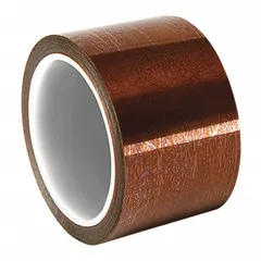 Polyimide film tape with acrylic adhesive, amber color, 3 mil thickness, 5 yards length. Provides electrical insulation for applications requiring thermal resistance, such as coil winding, transformer wrapping, and capacitor protection.
