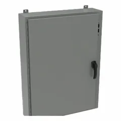This HAMMOND disconnect switch electrical enclosure is constructed from powder-coated steel and measures 36 inches by 25 inches by 10 inches. It features a handle closure method for secure access. Typical applications include housing disconnect switches in industrial environments where protection against dust, oil, and water is required.
