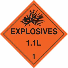 DOT placard for identifying Class 1 explosives (Division 1.1, compatibility group L). Measures 10 3/4 in x 10 3/4 in with message 'Explosives 1.1 L 1'. Used on shipping containers, vehicles, or storage areas to indicate explosive hazard.