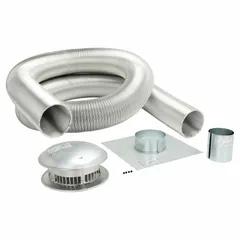 This 2-ply flexible chimney liner kit is designed for venting LP gas appliances. It includes a 6-inch diameter, 35-foot length duct made of 3003 aluminum with a maximum temperature rating of 470°F. The kit comes with flashing and features plain end connections. Suitable for use in existing masonry or metal chimneys to provide a dedicated flue path.