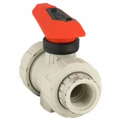 This two-piece polypropylene ball valve has a straight body with FNPT female threaded ends. It is manually operated with a lever handle and is used to start, stop, or redirect flow in piping systems handling corrosive fluids, water, or chemicals.