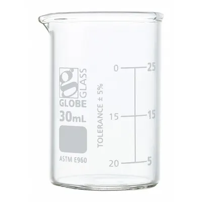 GLOBE SCIENTIFIC Beaker: 30 mL, 1.01 fl oz, A, Low Form, Type I, White - Color Coded Low Form Glass Beakers