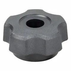 This five-arm knob features a threaded through-hole for manual adjustment, clamping, or positioning on machinery and equipment. It has a 1.72 in diameter, plastic construction with a steel thread insert, and a 1/4"-20 thread size.