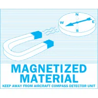 White label measuring 4 3/8 inches by 3 1/2 inches, printed with the message 'Keep Away From Aircraft Compass Detector Unit'. Used in aviation to indicate items that must be kept at a distance from compass detector units to prevent magnetic interference