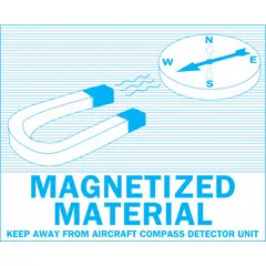 White label measuring 4 3/8 inches by 3 1/2 inches, printed with the message 'Keep Away From Aircraft Compass Detector Unit'. Used in aviation to indicate items that must be kept at a distance from compass detector units to prevent magnetic interference.