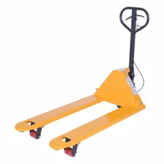 This general purpose pallet jack has a 5,500 lb capacity and steel forks measuring 48 in long by 27 in wide with a 14 in width between forks. The dead man control provides operator safety. Suitable for lifting and moving palletized loads in warehouses, distribution centers, and manufacturing facilities.
