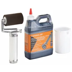 Neoprene stencil roller kit with 8 1/2 in overall length, 5 in aluminum handle, and 2 in replacement head diameter. Includes ink bottle. Used for applying ink through stencils onto packaging, cartons, and products for marking and identification.