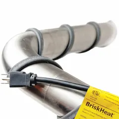 Fiberglass heating cord with thermoplastic elastomer outer material, 1/4 in thick and 1/2 in wide, 100 ft length. Grounded, requires no controller, and has no backing. Compatible with metal and plastic surfaces. Used for freeze protection and process temperature maintenance in pipe tracing, tank heating, and industrial equipment applications.