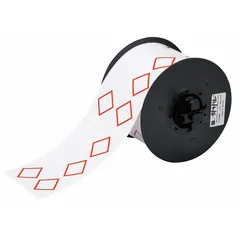 Red GHS/CLP 4A diamond precut label roll with no legend, measuring 2 61/64 in x 4 21/64 in. Features acrylic adhesive and is compatible with BBP30 printers. Used for chemical hazard labeling on containers, drums, and pipes in industrial facilities.