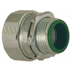Galvanized iron/steel compression connector for terminating rigid metal conduit (RMC) or intermediate metal conduit (IMC) to boxes or enclosures. Features a male NPS thread for box connection and a compression nut for rain-tight, grounded joints. Overall length 1 31/32 in. CSA certified.