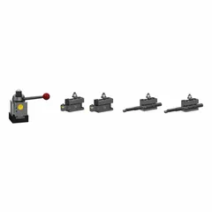 This turning tool post and holder set is designed for lathes with a swing capacity of 17 in to 32 in. It securely holds cutting tools for turning operations, enabling metal removal and profiling in machining applications.