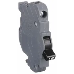 1-pole miniature circuit breaker rated 15 A at 120V AC with a 10kA interrupting capacity. Width 0.5 in. Designed for overload and short-circuit protection in branch circuits. Suitable for use in residential and light commercial electrical panels.