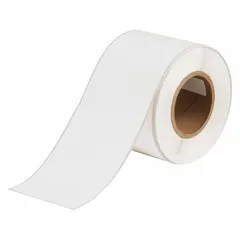 Polyester label roll, 4 in x 100 ft, white matte finish for indoor use. Inkjet print-receptive material compatible with BradyJet J5000 printer series. Suitable for general industrial labeling, asset identification, and cable marking.