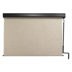 This pole-and-crank-operated sun shade from the Titanium Plus Series features a 120-inch valance width and 72% UV protection. The Maui fabric color is paired with an Oil Rubbed Bronze valance. A bungee and hook tie-down system secures the shade. Suitable for patios, decks, or outdoor seating areas requiring adjustable shade coverage.