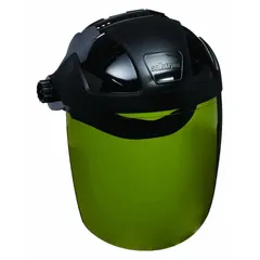 Uncoated, reusable polycarbonate visor with green tint for glare reduction. Visor height 9 in, width 12 1/8 in. Black headgear. Suitable for welding and industrial tasks requiring impact and splash protection.