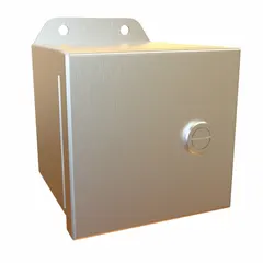 This stainless steel enclosure measures 4 x 4 x 4 inches and is rated NEMA 12/13/3R/4/4X for protection against dust, water, corrosion, and ice. It includes an inner panel and uses latches for closure. Suitable for housing electrical controls and terminals in demanding indoor and outdoor environments.