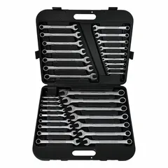 This 32-tool combination wrench set includes SAE and Metric 12-point sizes. The wrenches are made of alloy steel with a chrome finish and feature a 15° offset head angle for improved access. Supplied in a molded case for storage and transport.