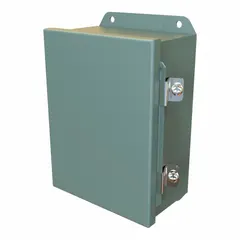 This steel enclosure measures 8 x 6 x 4 inches with a solid hinged cover secured by clamps. Rated NEMA 12/13/3R/4, it provides protection against dust, falling dirt, dripping water, rain, sleet, and hose-directed water. Suitable for indoor or outdoor use in industrial environments requiring washdown capabilities.