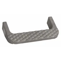 Steel reversible truck step with a silver finish. Features a 7 3/4 in step width, 4 1/8 in step depth, and a non-slip tread for secure footing. Suitable for use on trucks and other vehicles to assist with entry and exit.