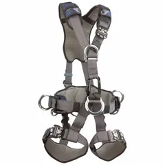 General-purpose rescue harness with polyester webbing and steel hardware. Features back, front, and side D-rings, plus quick-connect leg and shoulder strap buckles. Complies with OSHA 1910.140, OSHA 1926.502, ANSI Z359.11-2014, and NFPA 1983-2017 standards. Suitable for fall arrest, work positioning, and confined space rescue.