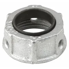 Zinc-plated iron insulating bushing with a 1 1/2 in trade size and 23/32 in overall length. Insulated design protects cables from abrasion and prevents short circuits when passing through knockout holes in metal enclosures. Suitable for use in electrical panels, junction boxes, and similar equipment.