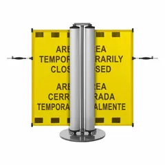 Retractable belt barrier system with a 40-inch post height and a 13 1/2 ft yellow belt printed with 'Area Temporarily Closed' message. Single-post unit includes hardware. Used for crowd control and area delineation in industrial and public spaces.
