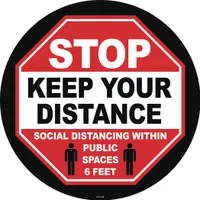 Social Distance Floor Sign: 17 in x 17 in Nominal Sign Size, 0.012 in Thick, Vinyl, Red, 17 in Ht (MPN FS-17-726)