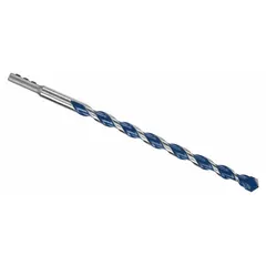 Round-shank masonry drill bit for hammer drilling in concrete, brick, and block. 5/16 in bit size, 8 in overall length, 7 1/2 in max drilling depth. Suitable for anchor installation and conduit routing in construction and renovation.