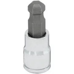 This ball-end hex bit socket features a 9 mm hex tip and a fixed insert design. With an overall length of 1 31/32 inches, it is suited for driving hex fasteners at an angle in confined or offset positions during assembly and maintenance tasks.