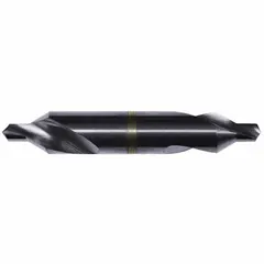 This double-end plain-tip center drill is made of AlTiN coated high speed steel. It has a #3/0 size, 60° included angle, and 1 1/4 in overall length. Used to create conical starting holes for lathe tailstock centers in machining operations.