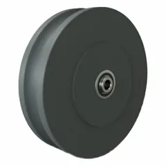 U-groove wheel designed to ride on inverted angle iron or flat bar track systems. Suitable for guided movement in material handling, conveyor, and industrial door applications. Wheel diameter 8 in, width 2 in, load capacity 2600 lb, for 1/2 in axle size.