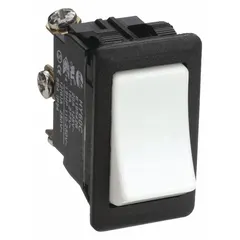 General-purpose SPDT rocker switch with three positions: On/Off/On. Rated at 1 1/2 hp for motor control applications such as conveyors, pumps, and machine tools requiring forward-off-reverse or high-off-low speed selection.