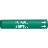 Snap-on pipe marker for identifying potable water lines. Green background with white legend and directional arrows. Fits pipe outer diameters from 1-1/2 to 2-3/8 inches. Single marker included