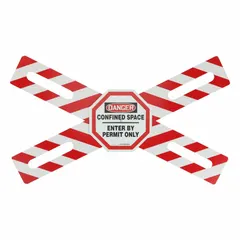 This crossbuck danger sign is used to mark confined space entry points requiring permit-only access. It is 0.25 in thick with mounting holes for installation. The sign is not retroreflective and not glow-in-the-dark.