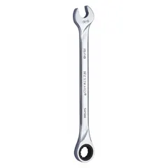 This SAE 12-point ratcheting combination wrench features a 15/16 in head size and 14 in overall length. Constructed from alloy steel with a chrome finish, it is a standard (non-reversible) model suitable for tightening or loosening fasteners in industrial maintenance, repair, and assembly tasks.