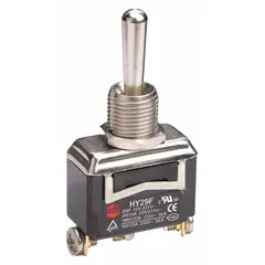 This panel-mount toggle switch from the HY29 series features SPDT circuitry with an On/Off/On function, suitable for forward/reverse or high/low speed control. It has three screw terminal connections and is rated for 20 A at 125 V AC and 2 hp. Typical applications include motor, pump, and conveyor control in industrial settings.