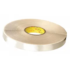 This double-sided foam tape features a transparent polyethylene foam backing with a closed-cell structure. It provides a removable bond suitable for mounting, bonding, and gap-filling on irregular surfaces. The tape is 1/2 inch wide, 27 yards long, and 31.25 mil thick.