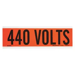 Self-stick vinyl marker for identifying 440-volt conduits and electrical equipment. Legend reads '440 Volts' in Label Style A. Label height 2 1/4 in, supplied one marker per card. Suitable for use in industrial and commercial facilities to indicate voltage levels on conduits and panels.
