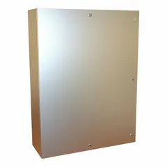 This 316 stainless steel enclosure measures 48 x 36 x 12 inches and is rated NEMA 12/13/3R/4/4X for indoor or outdoor use where corrosion resistance and washdown are required. It features a hinged cover with a 1/4-turn latch closure; knockouts are not included. Suitable for protecting electrical controls and instrumentation in harsh industrial environments.