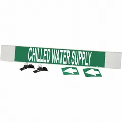 This fiberglass carrier-mounted pipe marker is designed for identifying chilled water supply lines on pipes with an outer diameter of 8 inches and larger. The marker features a green background with white legend text and includes directional arrows. It is suitable for use in industrial piping systems to clearly indicate the contents and flow direction.