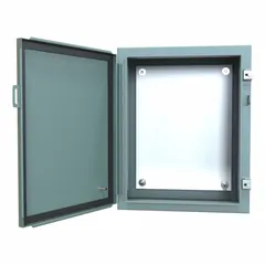 This steel enclosure is rated NEMA 12/13 for protection against dust, dirt, oil, and water seepage. It measures 20 x 16 x 8 inches and features a solid hinged cover secured with clamps. A mounting panel is included; knockouts are not provided. Typical applications include housing electrical controls and instruments in industrial environments such as factories and processing plants.