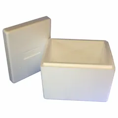 White cardboard shipping box with a 2 in thick Styrofoam insert. Used for temperature-sensitive transport in cold-chain logistics, such as shipping pharmaceuticals, biologics, or perishable goods.